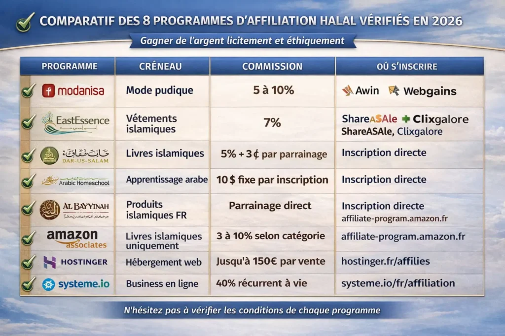 Tableau comparatif des 8 programmes d'affiliation halal vérifiés en 2026
