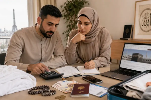 Couple musulman en France préparant le budget du Hajj 2026 avec passeport, euros, calculatrice, valise et documents de voyage