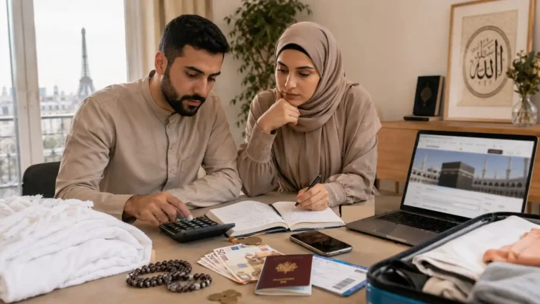 Couple musulman en France préparant le budget du Hajj 2026 avec passeport, euros, calculatrice, valise et documents de voyage