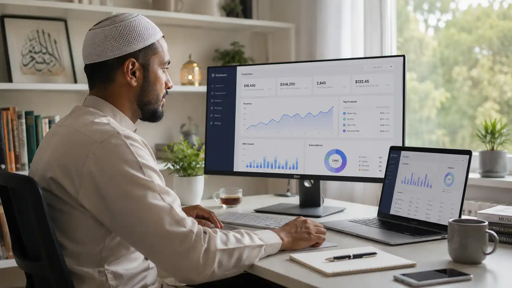 Entrepreneur musulman créant un Micro-SaaS halal avec tableau de bord de revenus récurrents et abonnements en ligne