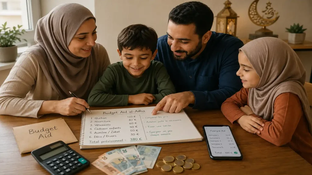 Famille musulmane en France préparant un budget Aïd al-Adha sans s’endetter, avec enveloppe budget, calculatrice, euros et carnet de dépenses.