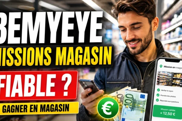 Personne vérifiant un rayon de magasin avec smartphone pour une mission terrain rémunérée