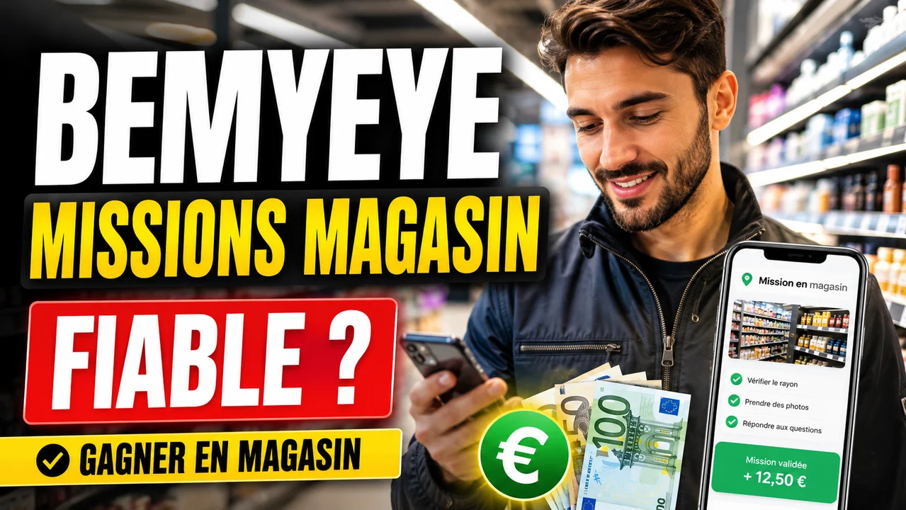 Personne vérifiant un rayon de magasin avec smartphone pour une mission terrain rémunérée