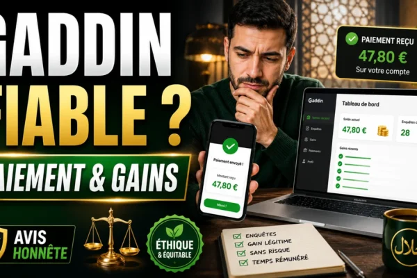 Interface générique de sondages rémunérés avec checklist de paiement et limites halal pour un avis Gaddin