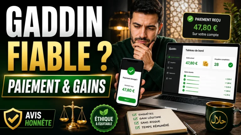Interface générique de sondages rémunérés avec checklist de paiement et limites halal pour un avis Gaddin