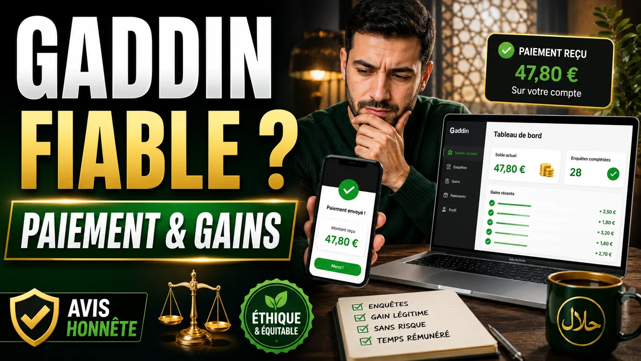 Interface générique de sondages rémunérés avec checklist de paiement et limites halal pour un avis Gaddin