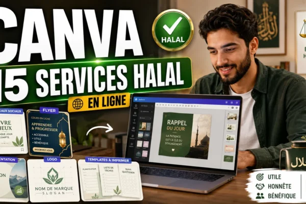Création de visuels Canva sur ordinateur pour vendre des services digitaux halal en ligne