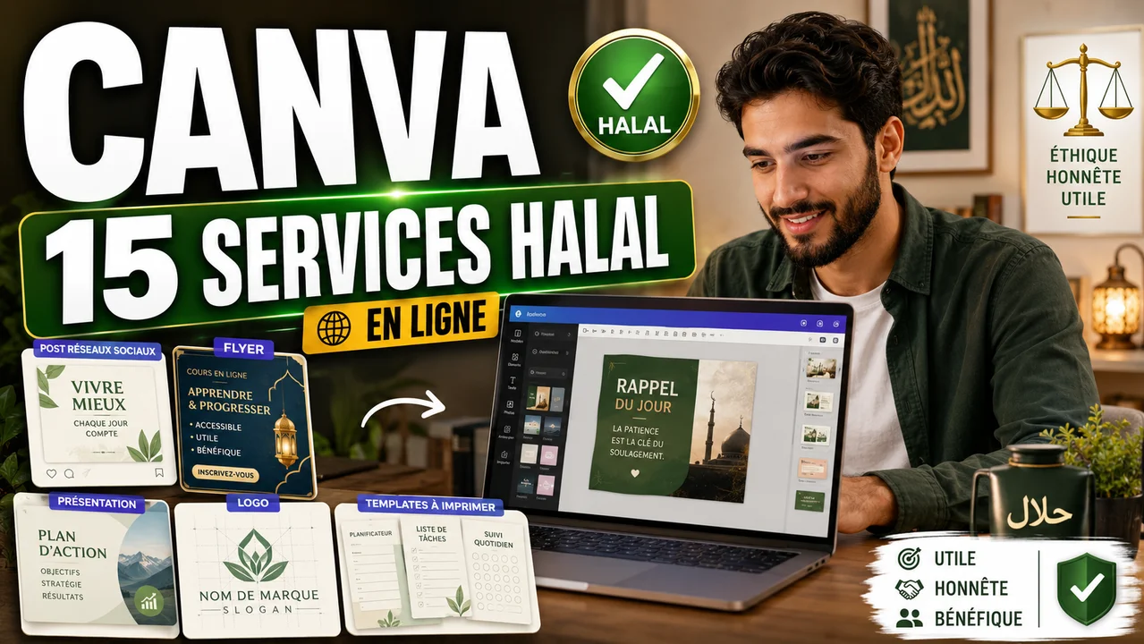 Création de visuels Canva sur ordinateur pour vendre des services digitaux halal en ligne