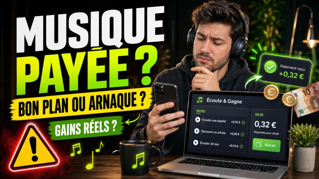 Personne écoutant de la musique sur smartphone avec une approche prudente des applications de récompenses