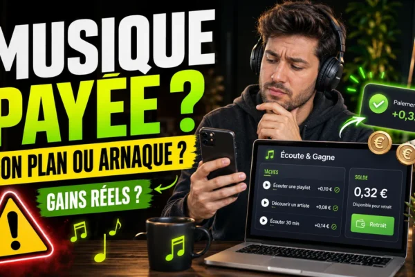 Personne écoutant de la musique sur smartphone avec une approche prudente des applications de récompenses