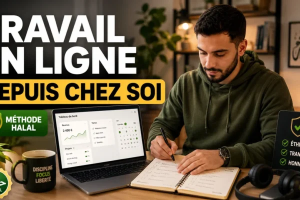 Espace de travail à domicile avec ordinateur, planning et méthode halal pour débuter en ligne