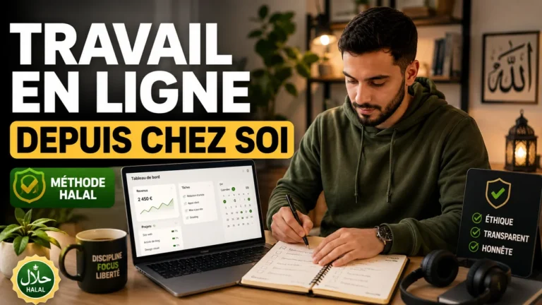 Espace de travail à domicile avec ordinateur, planning et méthode halal pour débuter en ligne