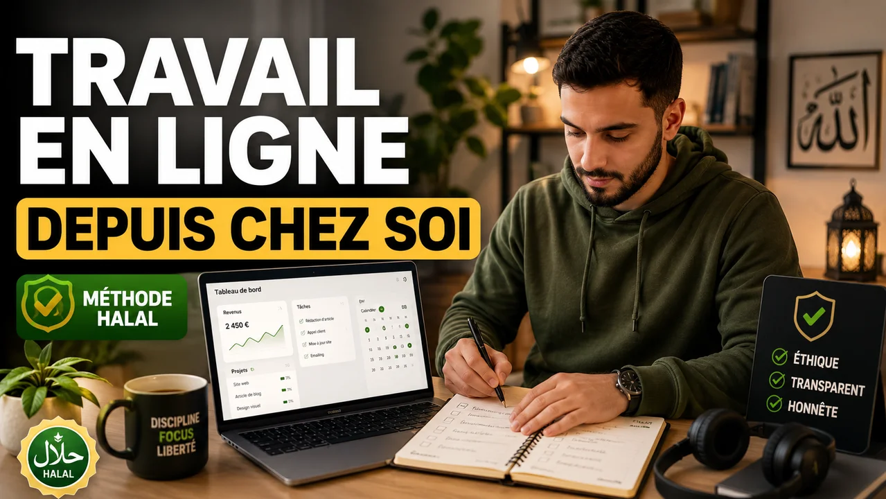 Espace de travail à domicile avec ordinateur, planning et méthode halal pour débuter en ligne
