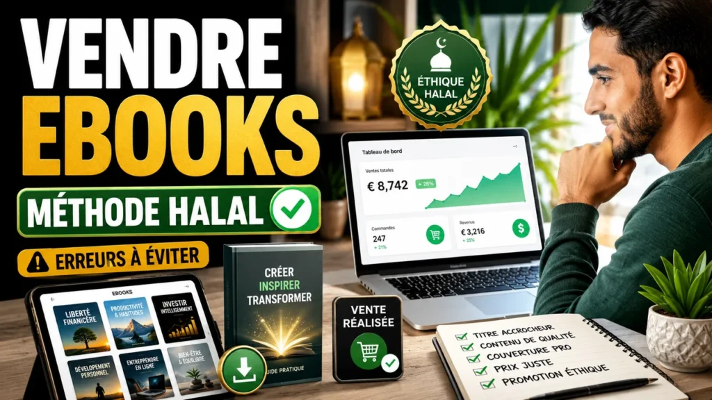 Ebook numérique en cours de création avec plan, couverture et checklist de vente halal