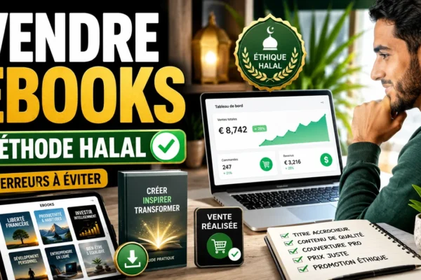 Ebook numérique en cours de création avec plan, couverture et checklist de vente halal